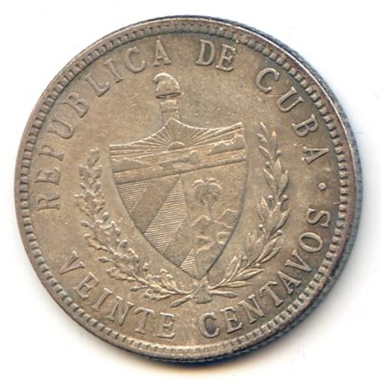 Cuba 1916 silver 20 centavos toned AU better date