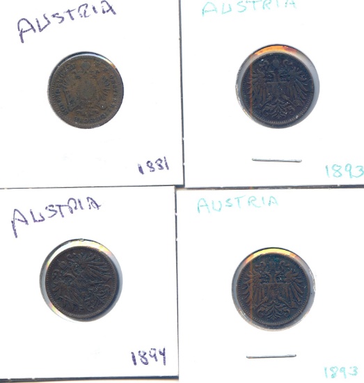 Austria 1881-98 kreuzer and 2 heller, 7 pieces