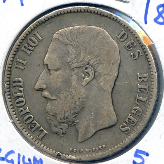 Belgium 1870 silver 5 francs VF