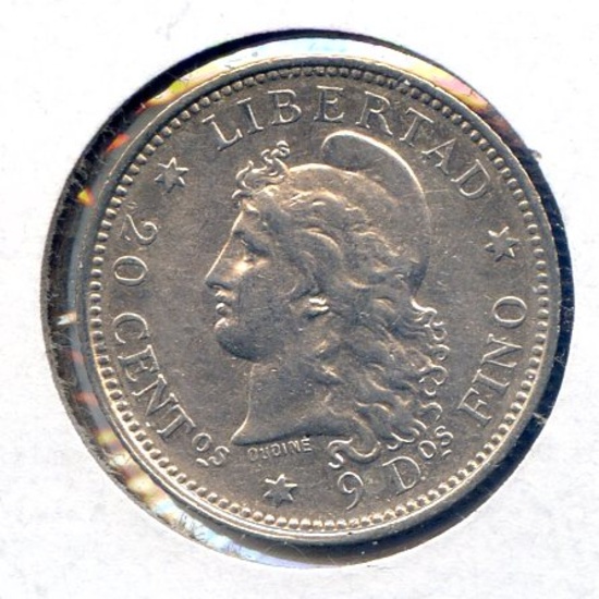 Argentina 1882 silver 20 centavos AU/UNC