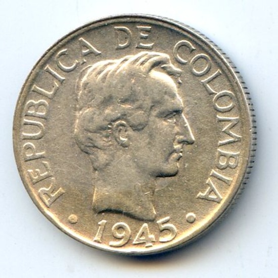 Colombia 1945-B silver 20 centavos AU
