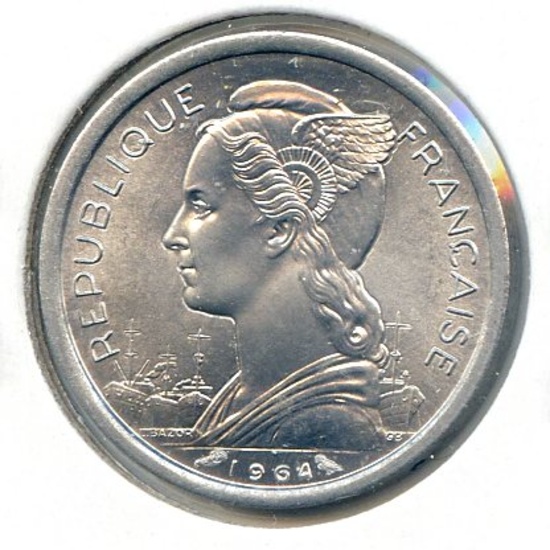 Comoros 1964 1, 2, and 5 franc type set, 3 choice BU pieces