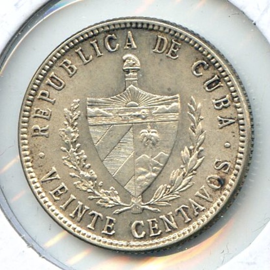 Cuba 1948 silver 20 centavos AU