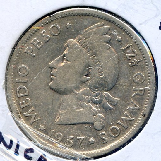 Dominican Republic 1937 silver 1/2 peso about VF