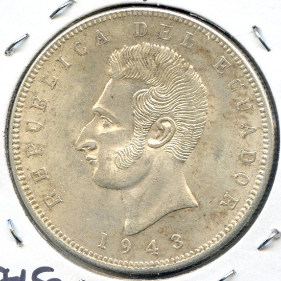 Ecuador 1943 silver 5 sucres BU