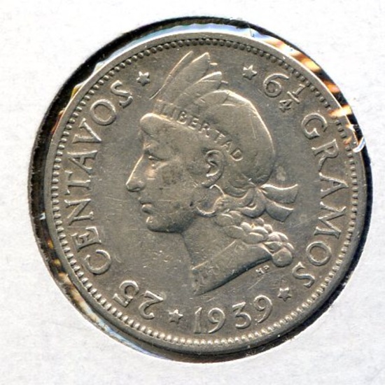 Dominican Republic 1939 silver 25 centavos good VF KEY DATE