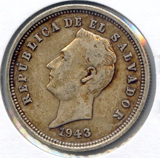 El Salvador 1943 silver 25 centavos VF