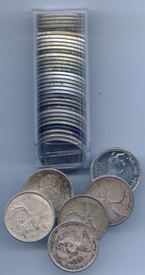 Canada 1967-68 silver quarters, roll of 40 pieces