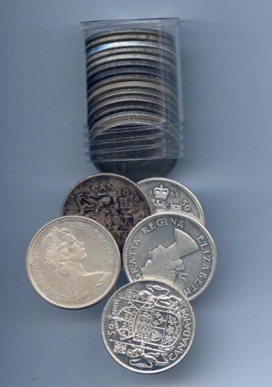 Canada 1953-67 silver half dollars roll of 19 pieces