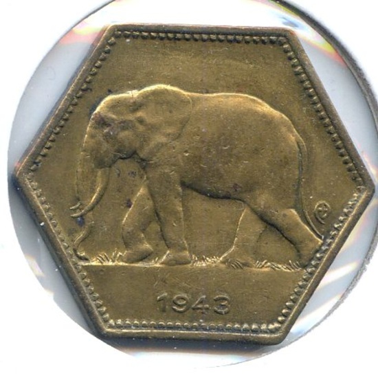 Belgian Congo 1943-47 set of 3 elephant coins, VF to XF