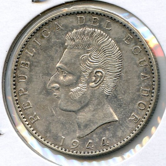 Ecuador 1944 silver 5 sucres AU