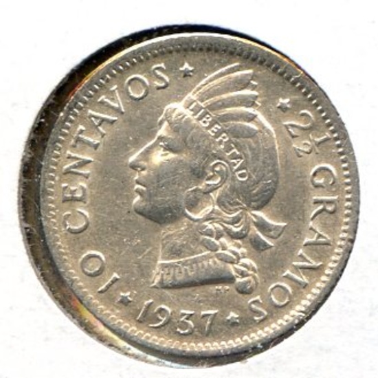 Dominican Republic 1937 silver 10 centavos UNC
