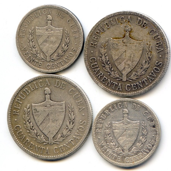 Cuba 1915/1920 20 and 40 centavos, 4 VF pieces