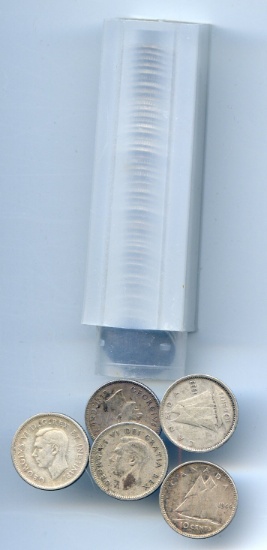 Canada 1937-52 silver George VI dimes, roll of 50 pieces