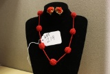 Hobe' Red Beaded Necklace & Earrings Demi-Parure