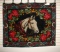 AUNTIQUE WOOL BUGGY BLANKET WITH HORSE-ROSES-HORSE SHOE PATTERN AND MARBLE HORSE EYE, 5'X4'