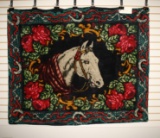 AUNTIQUE WOOL BUGGY BLANKET WITH HORSE-ROSES-HORSE SHOE PATTERN AND MARBLE HORSE EYE, 5'X4'