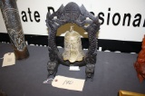 VIETNAMESE BRASS TRENCH ART BELL WITH CARVED WOOD STAND, 12 1/4