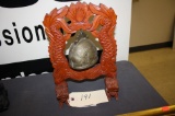 VIETNAMESE BRASS TRENCH ART BELL WITH CARVED WOOD STAND, 12 1/2