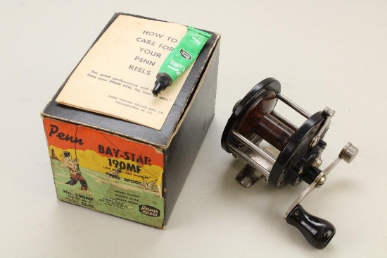 1 PENN BAY-STAR 190 MF REEL W/BOX, ORIG PACKING PAPER, REEL CARE PAMPHLET & PARTLY USED LUBE TUBE.