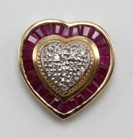 PENDANT SLIDE. RUBY AND DIAMOND. 14K YELLOW AND WHITE GOLD HEART