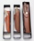 3 fixed blade hunting knives with stag handles and leather sheaths in boxes.