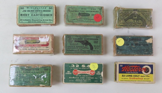 Lot of 9 vintage boxes of .32 ammo.