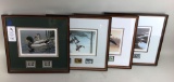 Lot of 4 framed waterfowl prints and stamps.