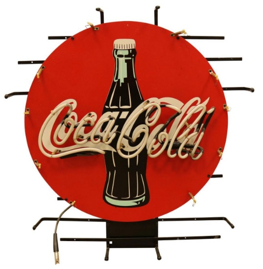 Round "Coca-Cola" Neon Sign on Metal Grid
