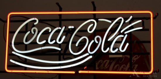 Rectangular "Coca-Cola" Neon Sign on Metal Grid