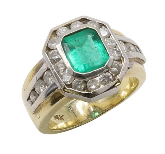 14KY and White Gold Emerald and Diamond Ring