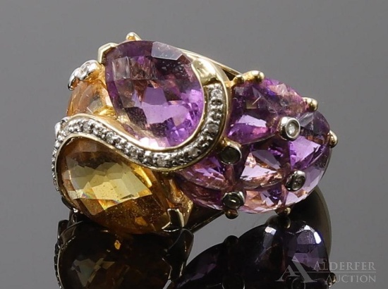 14KY Gold Amethyst, Citrine and Diamond Ring