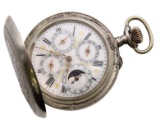 Silver Moon Phase Calendar Pocket Watch