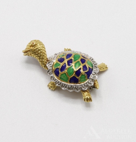 18KY and White Gold Enamel Turtle Brooch Pin
