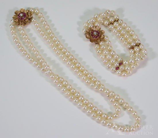 14KY Gold Pearl, Ruby and Diamond Demi-Parure