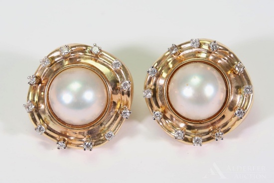 14KY Gold Mabe Pearl and Diamond Earrings