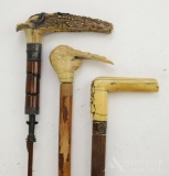 Grouping of 3 Bone/Antler handled canes/walking sticks.