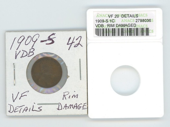 1909-S VDB Lincoln Cent ANAC -VF Details -Rim Damage