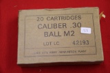 1 Box of 20, Lake City Army 30 cal ball  M2