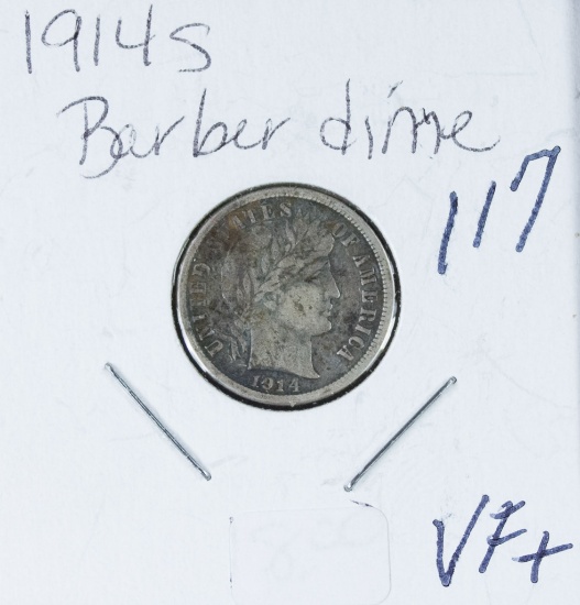 1914-S BARBER DIME - VF+