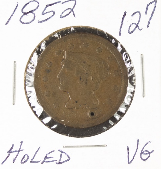 1852- BRAIDED HAIR LARGE CENT - VG HOLED