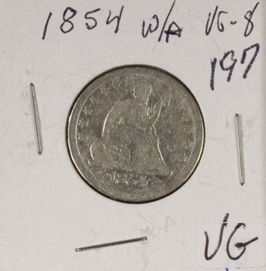 1854 W/ARROWS SEATED LIBERTY QUARTER - VG