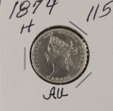 1874-H SILVER CANADIAN TWENTY-FIVE CENTS - AU