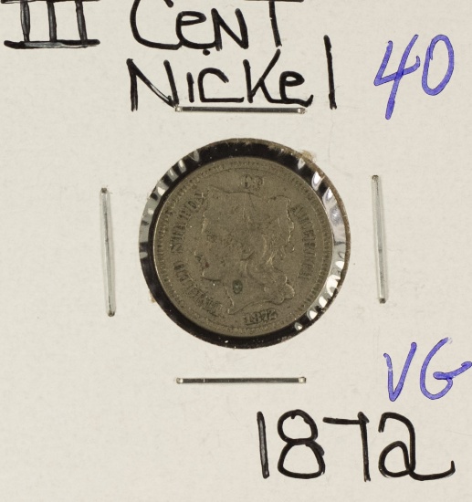 1872 - NICKEL THREE CENT PIECE - VG