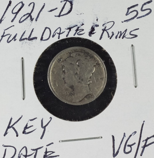 1921-D FULL DATE & RIMS MERCURY DIME - VG/F KEY DATE