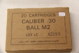 1 Box of 20, Lake City Army 30 Ball M2