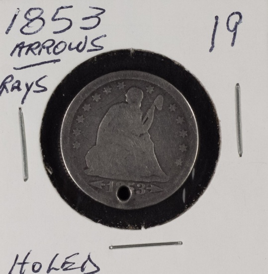 1853 - ARROWS/RAY QUARTER - HOLED