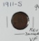 1911 S - Lincoln Cent - VF - Rev Damage