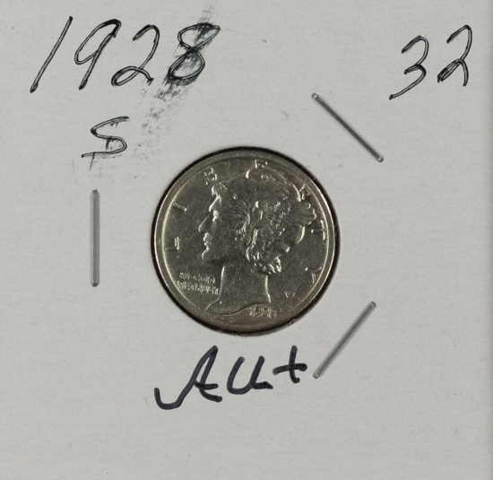 1928 S - Mercury Dime - AU+