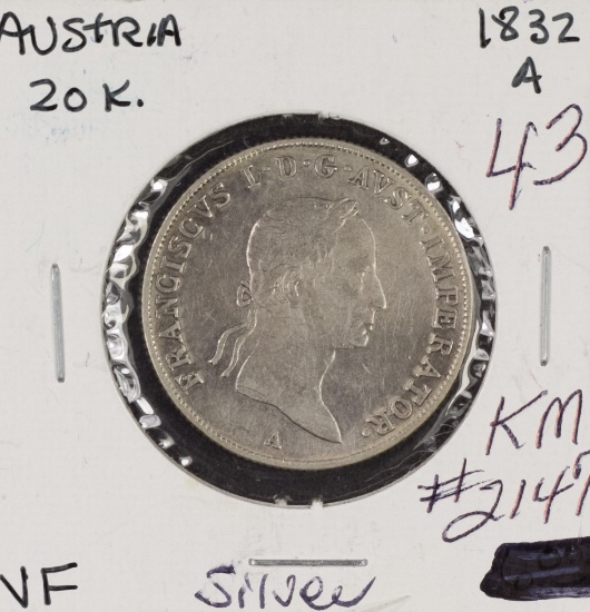 1832 - Austrian 20 Kreuzer - Silver Km #2147